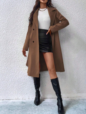 Elegant Long-sleeve Lapel Double-breasted Coat With A Belt