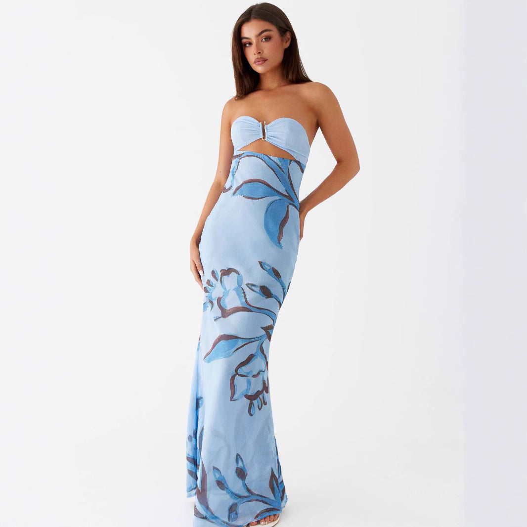 Backless U-shaped Decorative Buckle Printed Dress