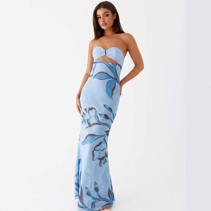 Backless U-shaped Decorative Buckle Printed Dress