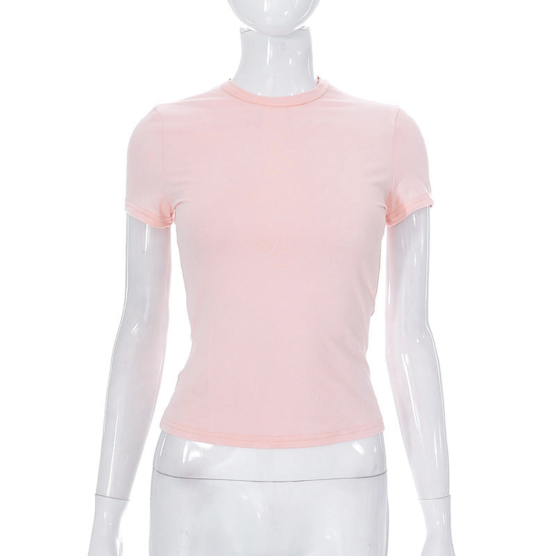 Solid Color Round Neck Short Sleeves Basic