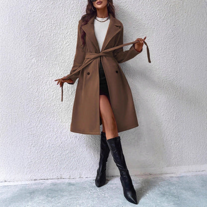 Elegant Long-sleeve Lapel Double-breasted Coat With A Belt