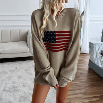 Women's Casual Loose Yarn-dyed Independence Day Long-sleeved T-shirt Top