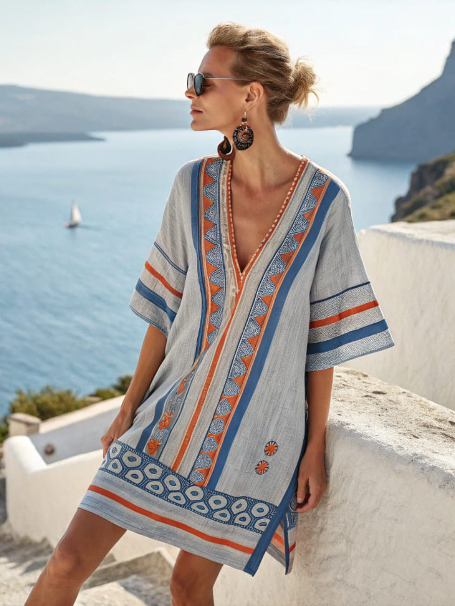 Womens V-neck Dress For Beach Vacations 3D-printed Relaxed Fit