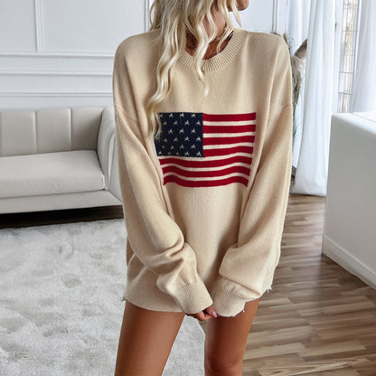 Women's Casual Loose Yarn-dyed Independence Day Long-sleeved T-shirt Top
