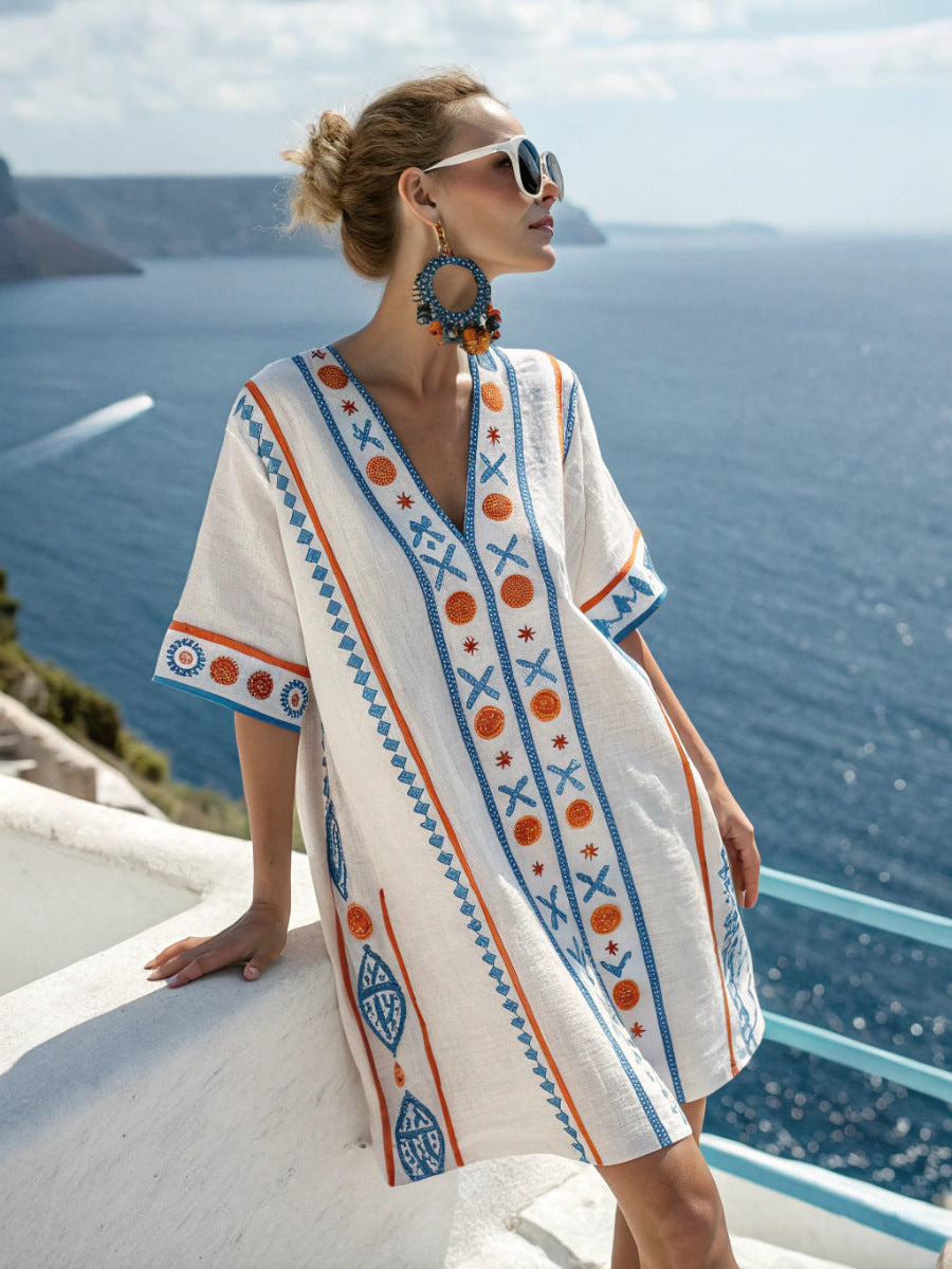 Womens V-neck Dress For Beach Vacations 3D-printed Relaxed Fit