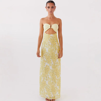 Backless U-shaped Decorative Buckle Printed Dress