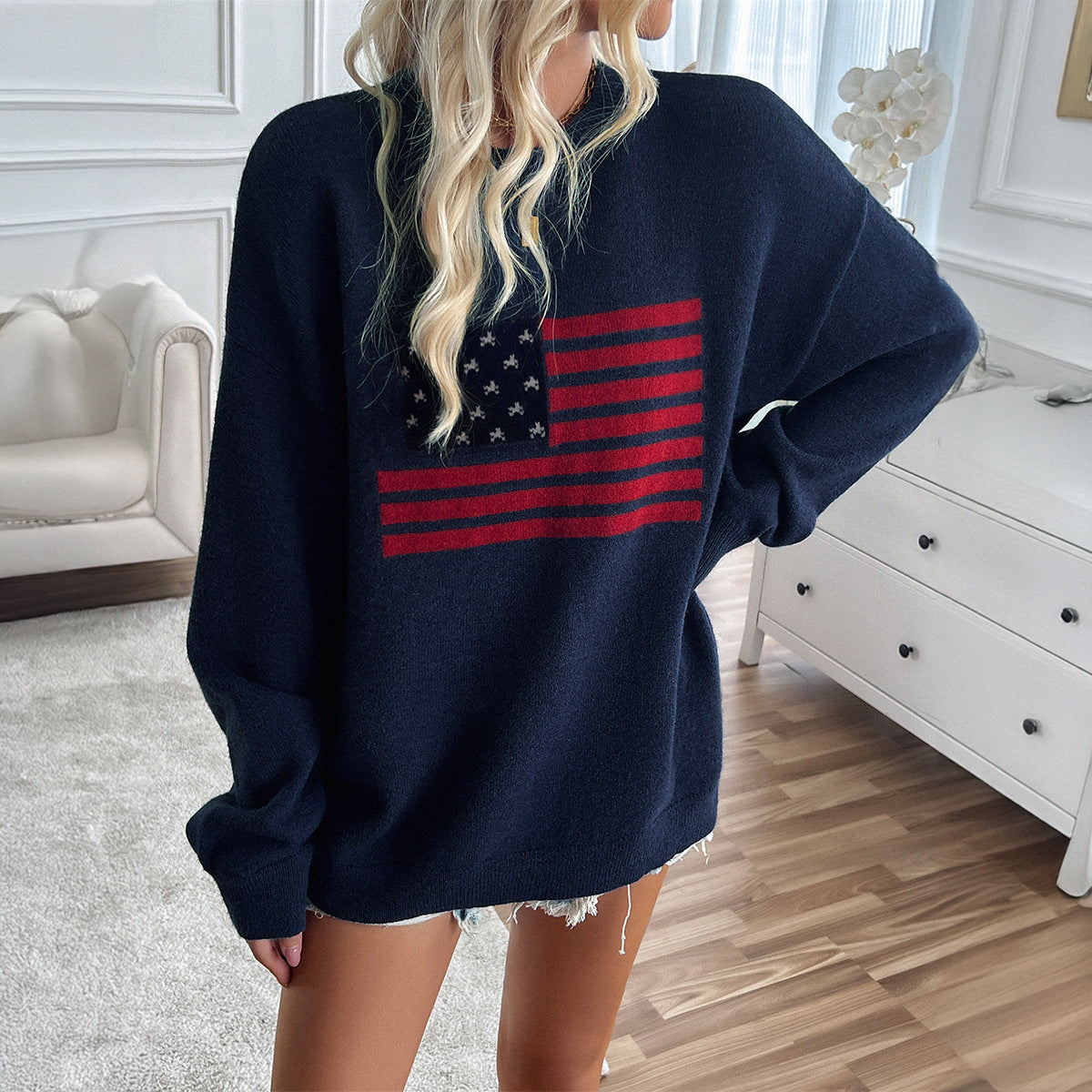 Women's Casual Loose Yarn-dyed Independence Day Long-sleeved T-shirt Top