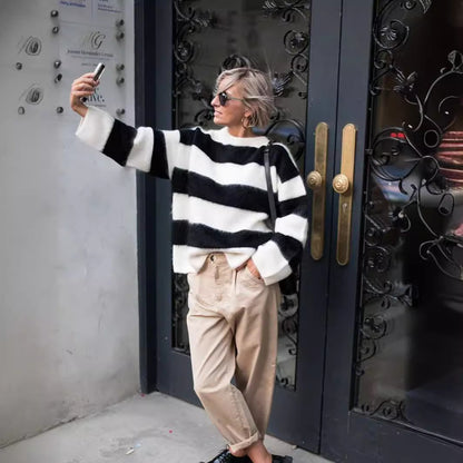 Loose Casual Striped Long Sleeve Contrast Color Round Neck