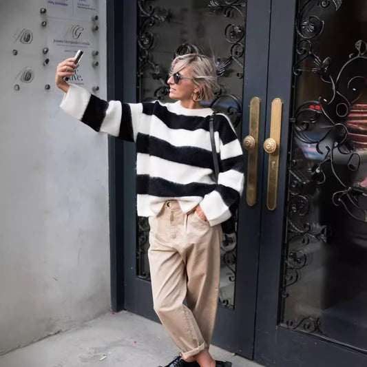 Loose Casual Striped Long Sleeve Contrast Color Round Neck