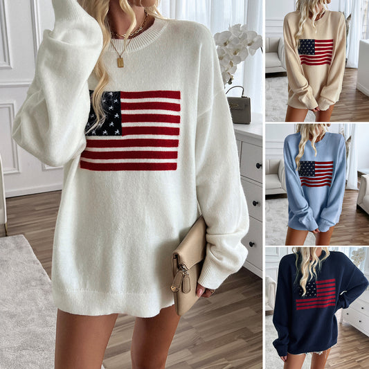 Women's Casual Loose Yarn-dyed Independence Day Long-sleeved T-shirt Top