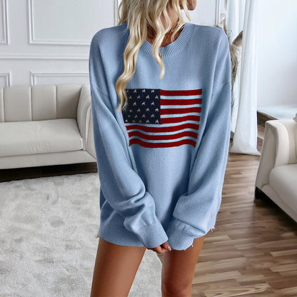 Women's Casual Loose Yarn-dyed Independence Day Long-sleeved T-shirt Top