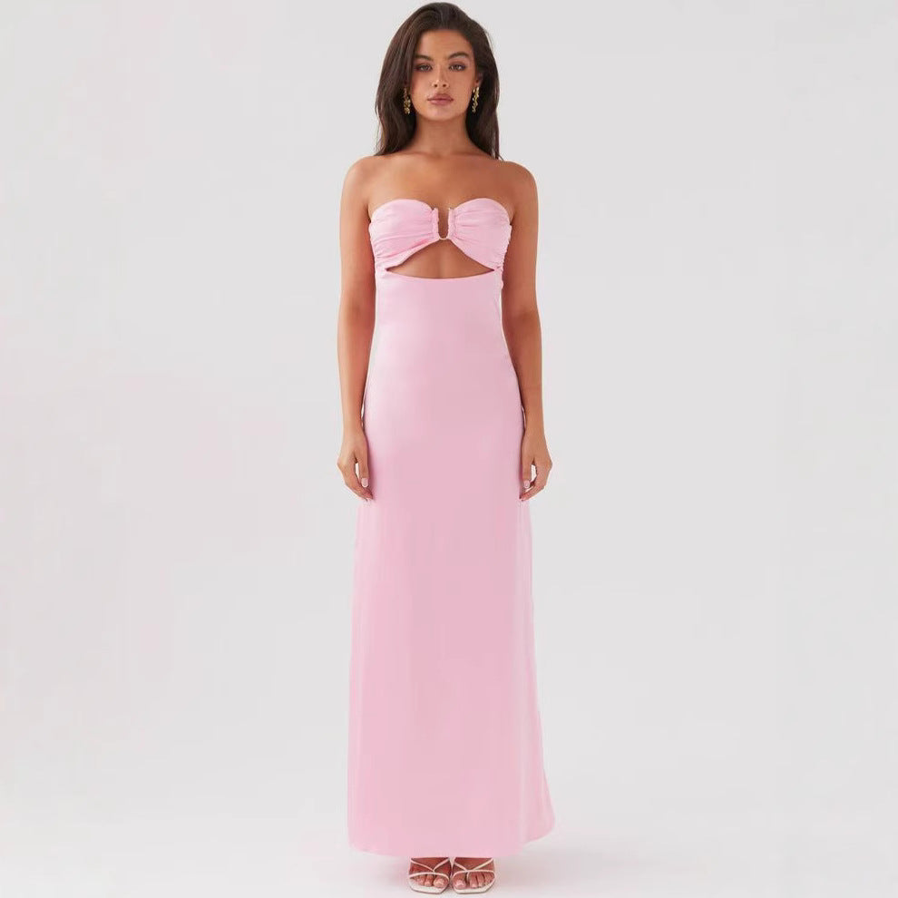 Backless U-shaped Decorative Buckle Printed Dress